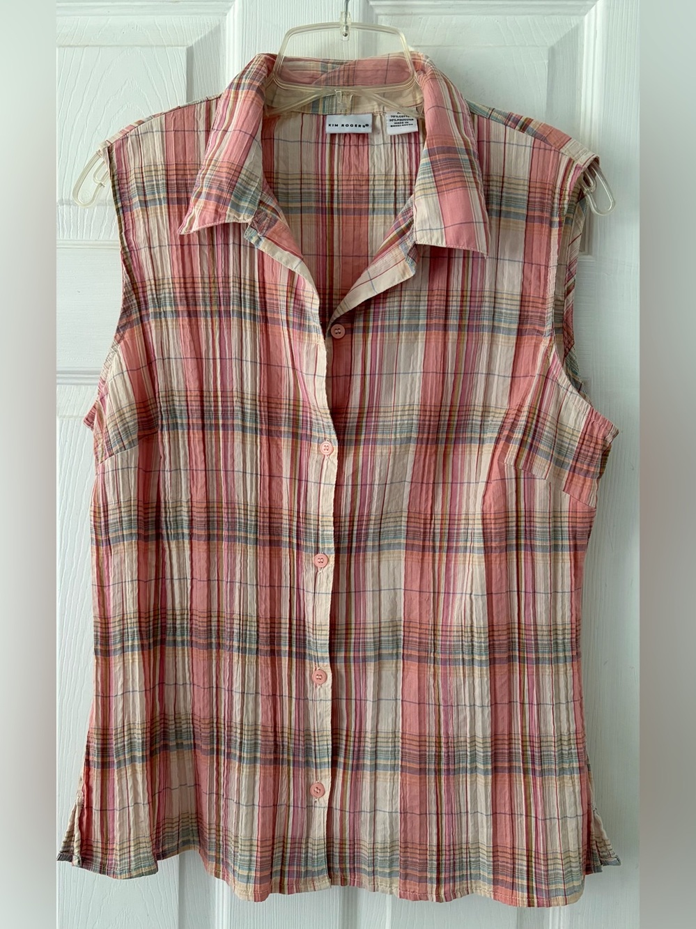 Kim Rogers Pink Plaid Sleeveless Button-Front Shirt